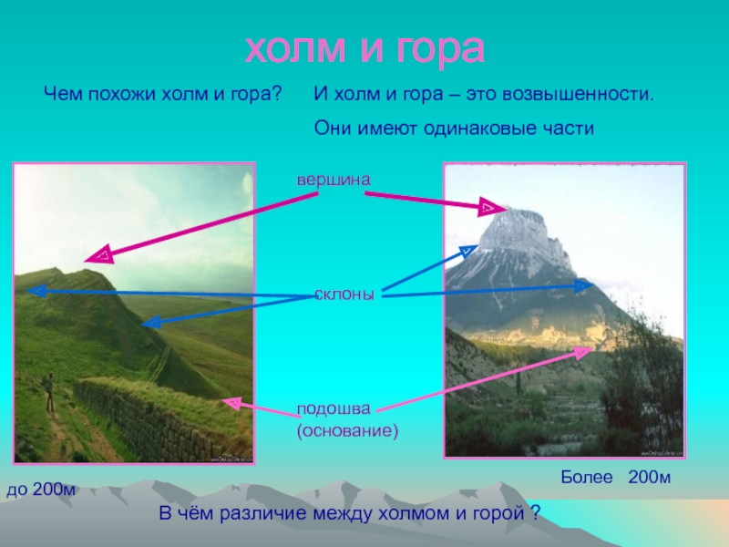Чем холм отличается. Сходство горы и холма. Формы земной поверхности горы. Холмы и горы разница. Отличие горы от холма.