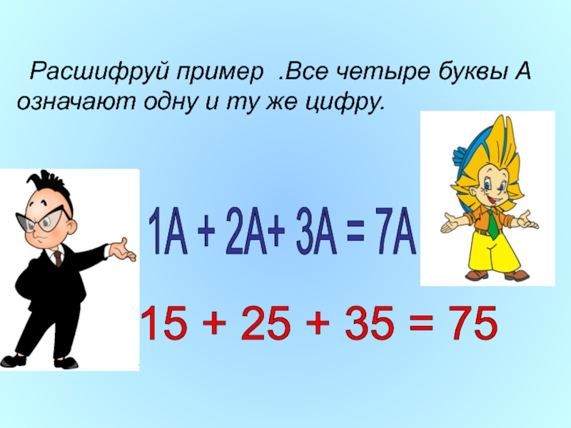 Два 4 буквы. Расшифруй примеры. Расшифруй пример все 4 буквы а означают одну и ту же цифру. Расшифруй пример все 4 буквы а означают одну и ту же цифру 1а+2а+3а 7а. Расшифровка пример и буква.