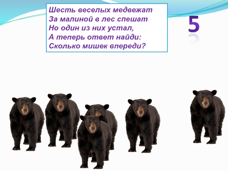 Шесть веселых медвежат За малиной в лес спешат Но один из них